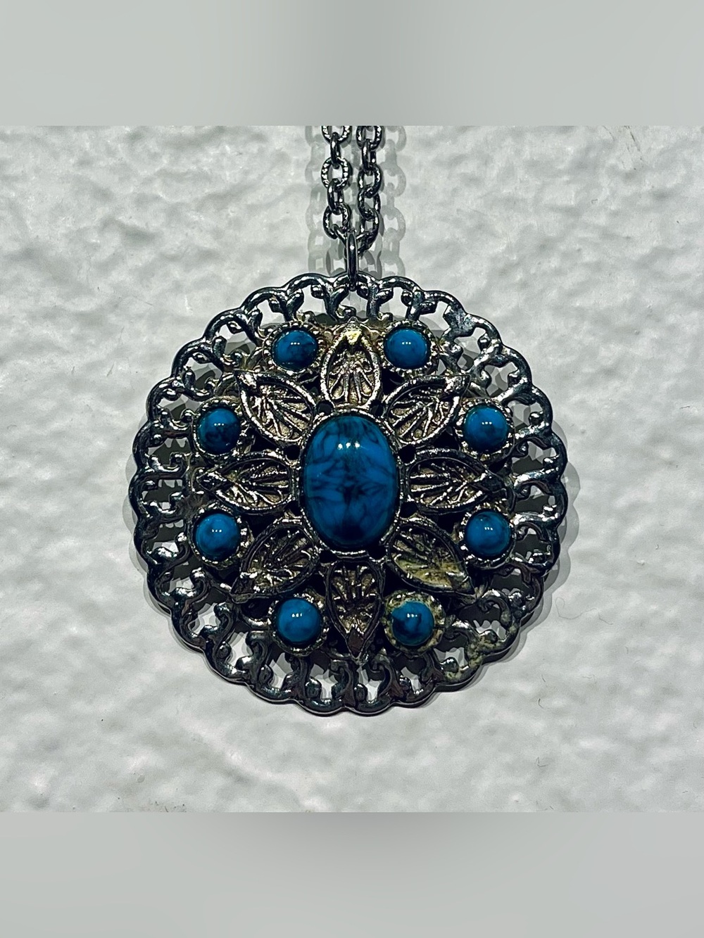 Vintage Blue Stone Filigree Pendant Necklace